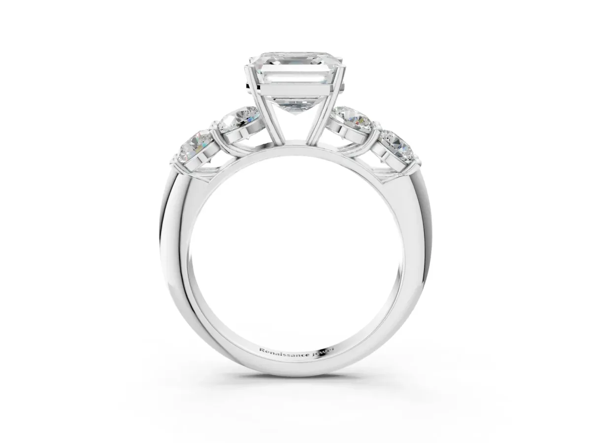 Asscher Cut Cut Five-Stone Prong Set Diamond Ring with Classic Band Platinum