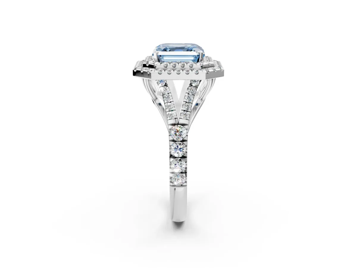 Fancy Blue Asscher Cut Diamond Pavé Split Shank Double Halo Engagement Ring Platinum