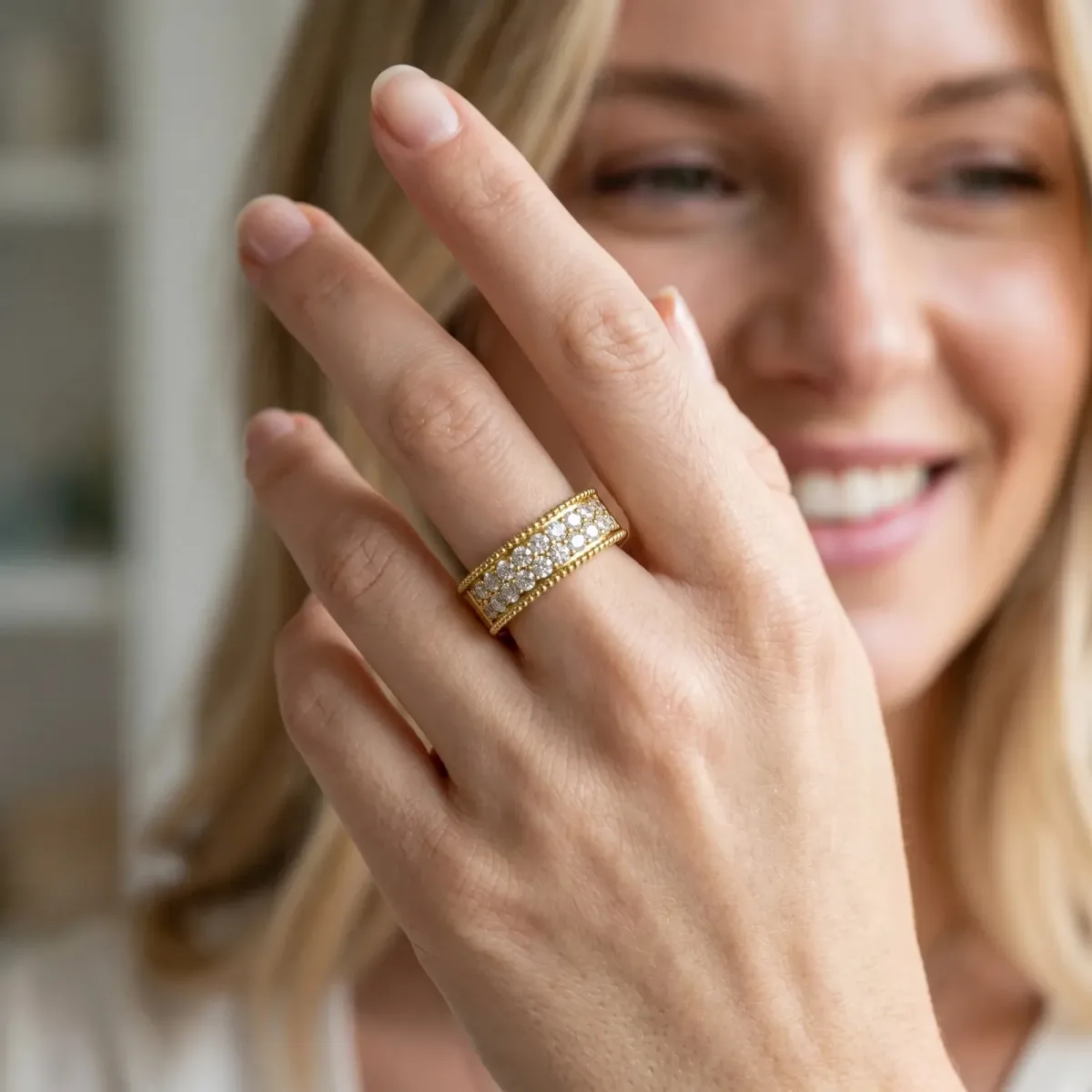 Round Cut Diamond Pave Eternity Band with Bead Prong Setting Yellow gold