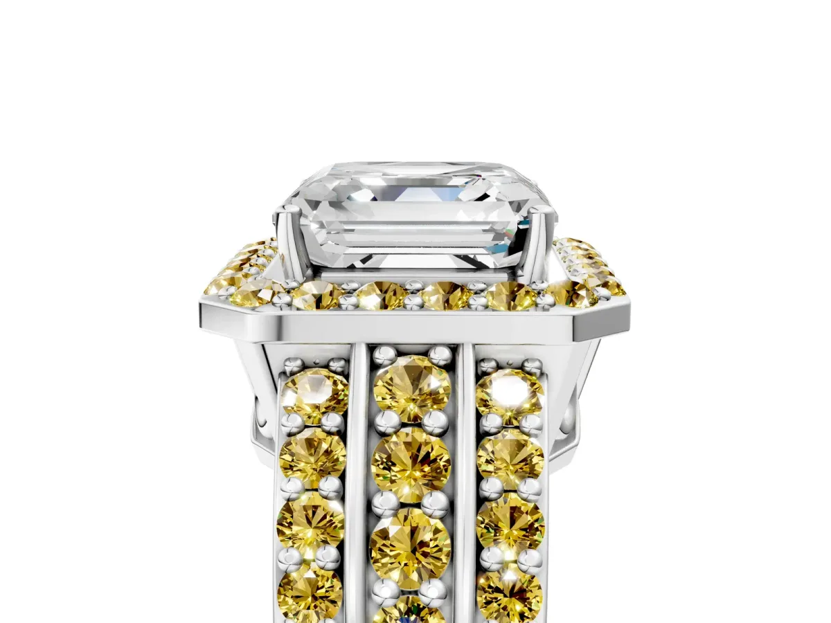 Asscher Cut Halo Diamond Ring with Round Yellow Sapphire Split Shank and Prong Setting Silver