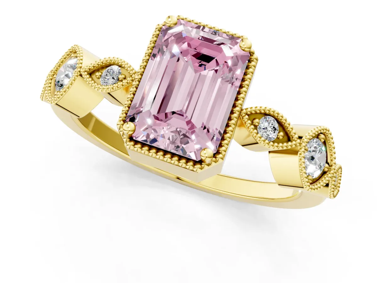 Fancy Pink Emerald Cut Diamond Vintage Milgrain Ring with Round Stations Yellow gold