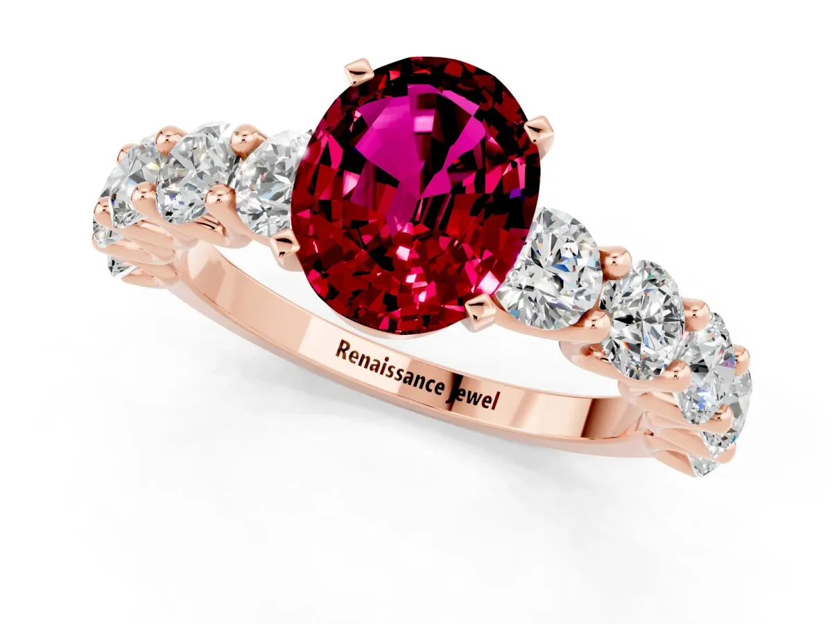 Oval Cut Garnet Prong Setting with Side Stones on a Pave Band Rose gold