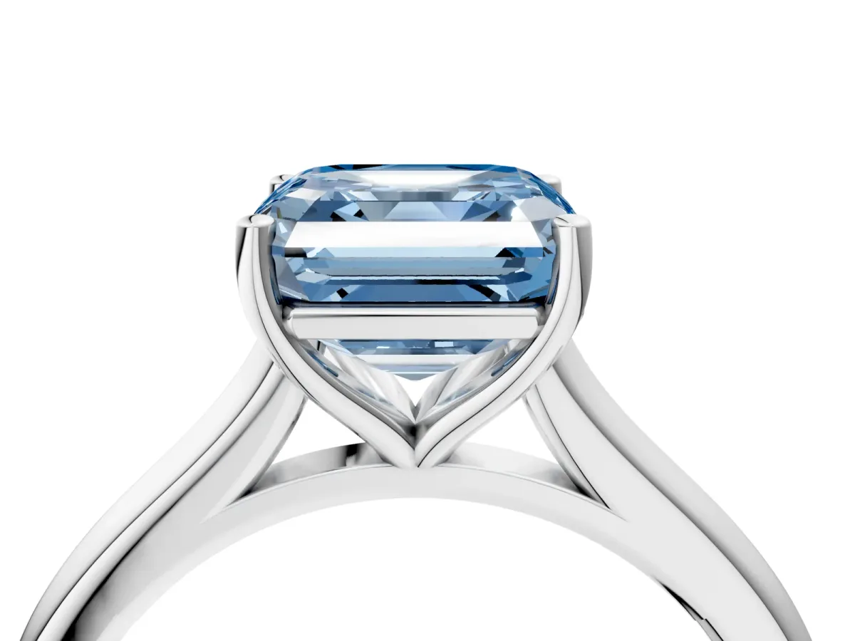 Fancy Blue Asscher Cut Cut Solitaire Ring with Cathedral Band and Four-Prong Setting Platinum
