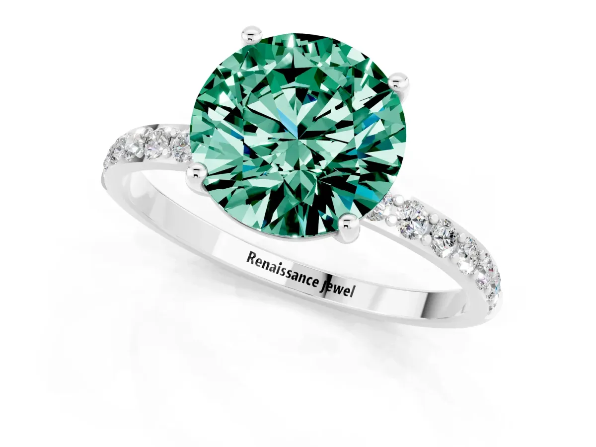Round Cut Green Sapphire Solitaire Ring with Round Pavé Band and Prong Setting Silver
