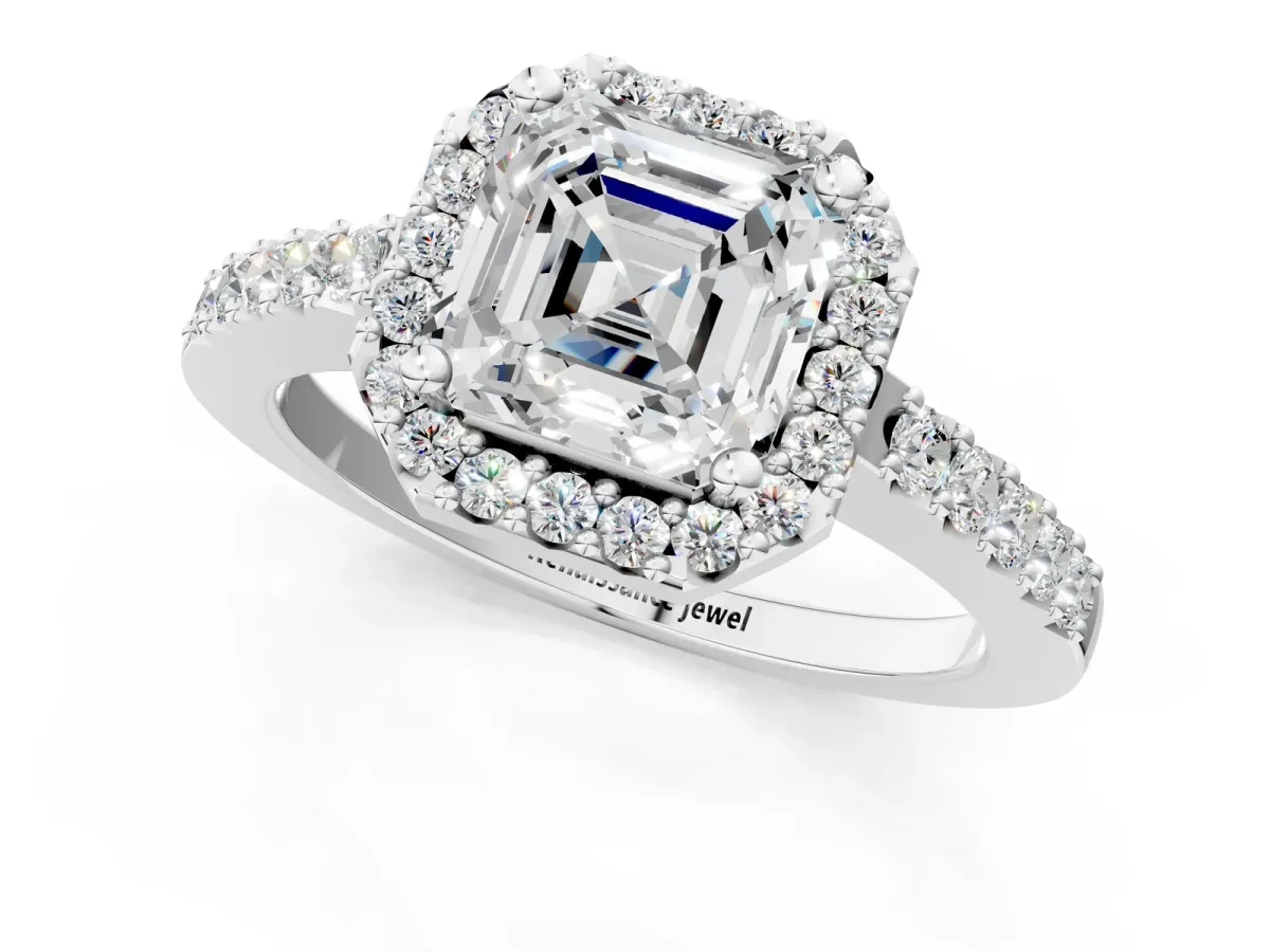 Asscher Cut Halo Diamond Pavé Solitaire Ring Platinum