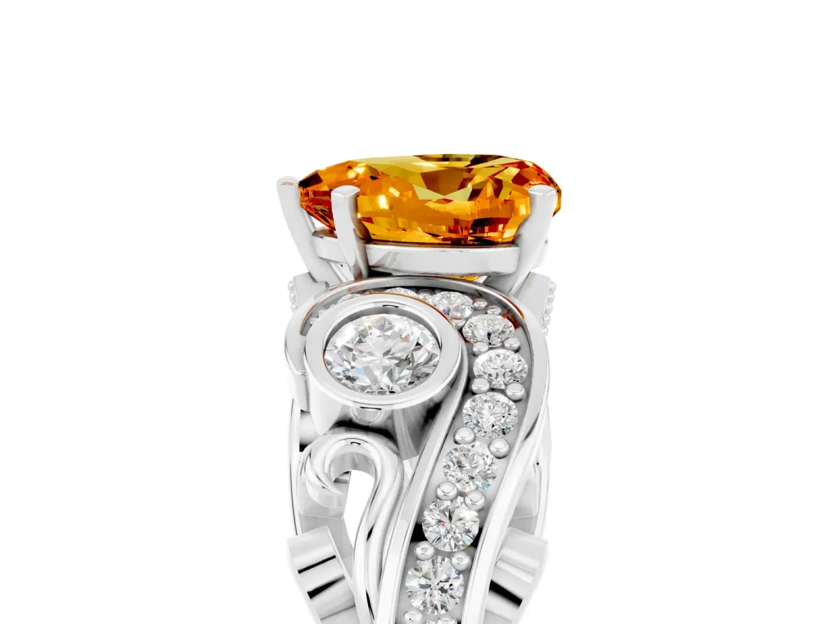 Heart Cut Citrine Solitaire Ring with Milgrain Pavé Band and Four-Prong Setting Silver