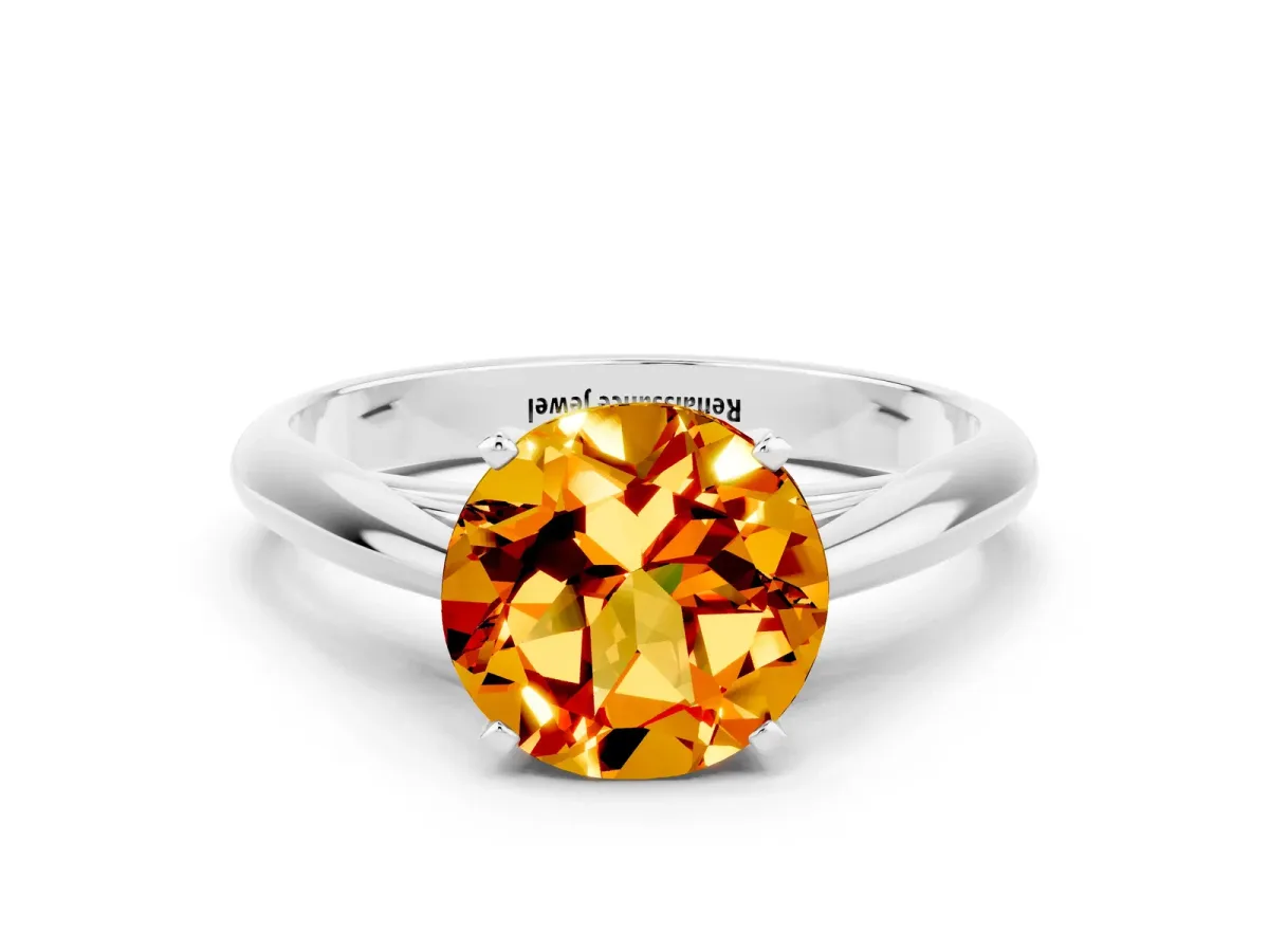 Round Cut Citrine Solitaire Engagement Ring with Cathedral Setting and Four-Prong Mount White gold