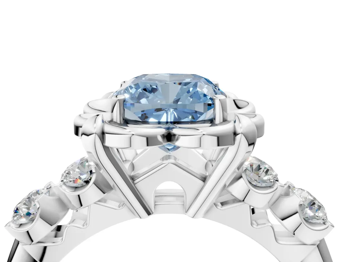 Fancy Blue Cushion Cut Cut Diamond Floral Halo Engagement Ring with Shared Prong Setting Silver