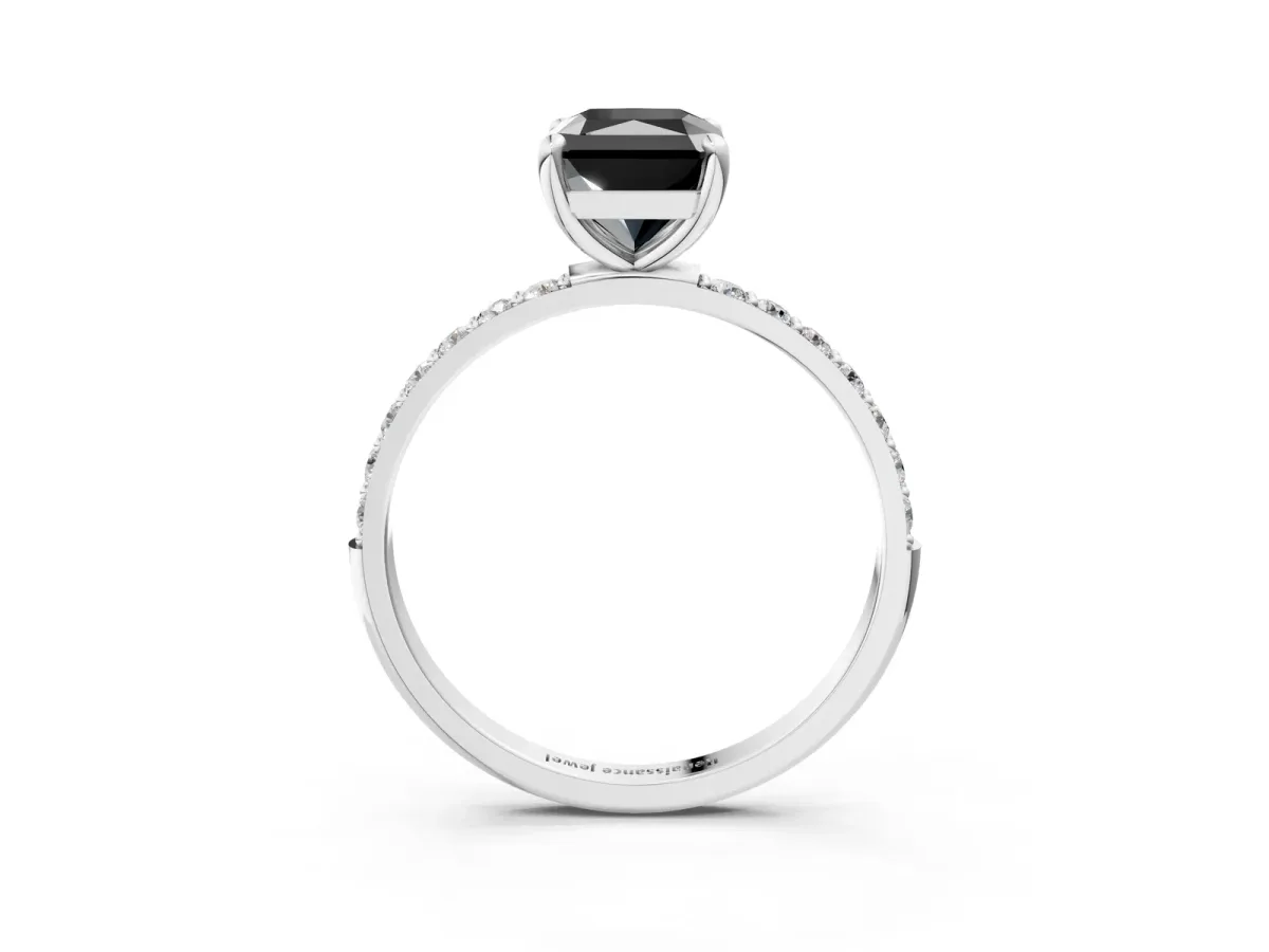 Fancy Black Radiant Cut Diamond Solitaire Ring with Round Pavé Band and Prong Setting Silver