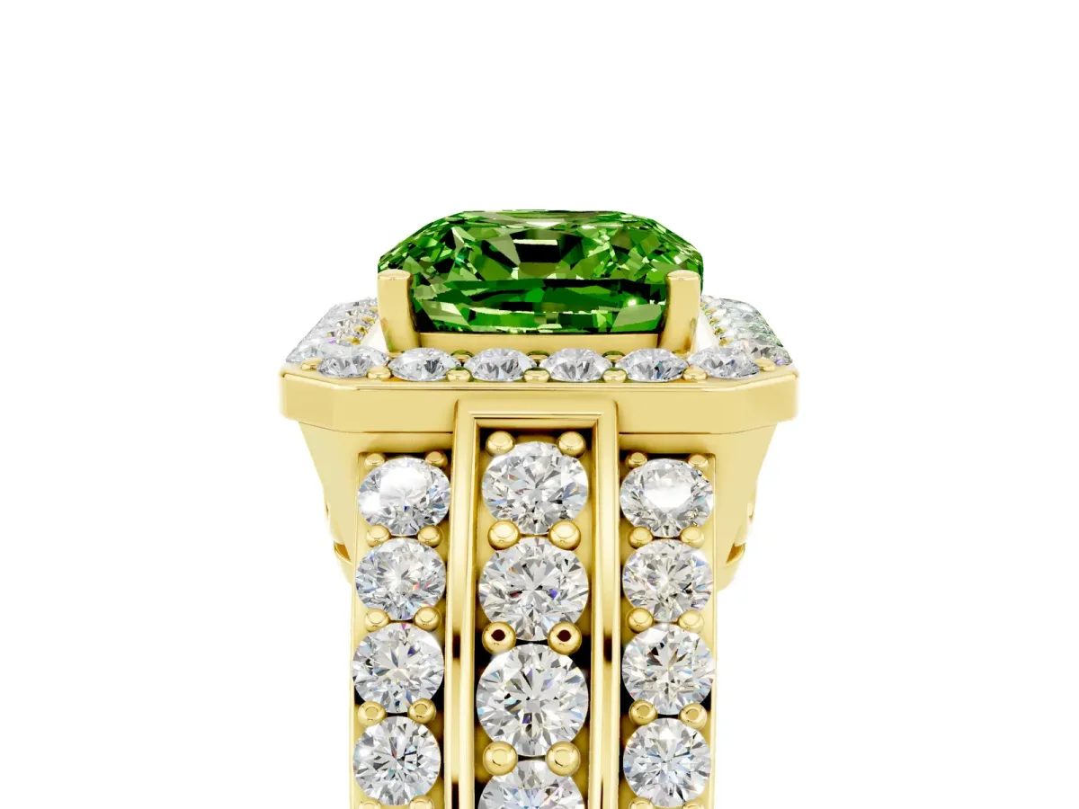 Cushion Cut Halo Peridot Ring with Round Split Shank and Prong Setting Yellow gold
