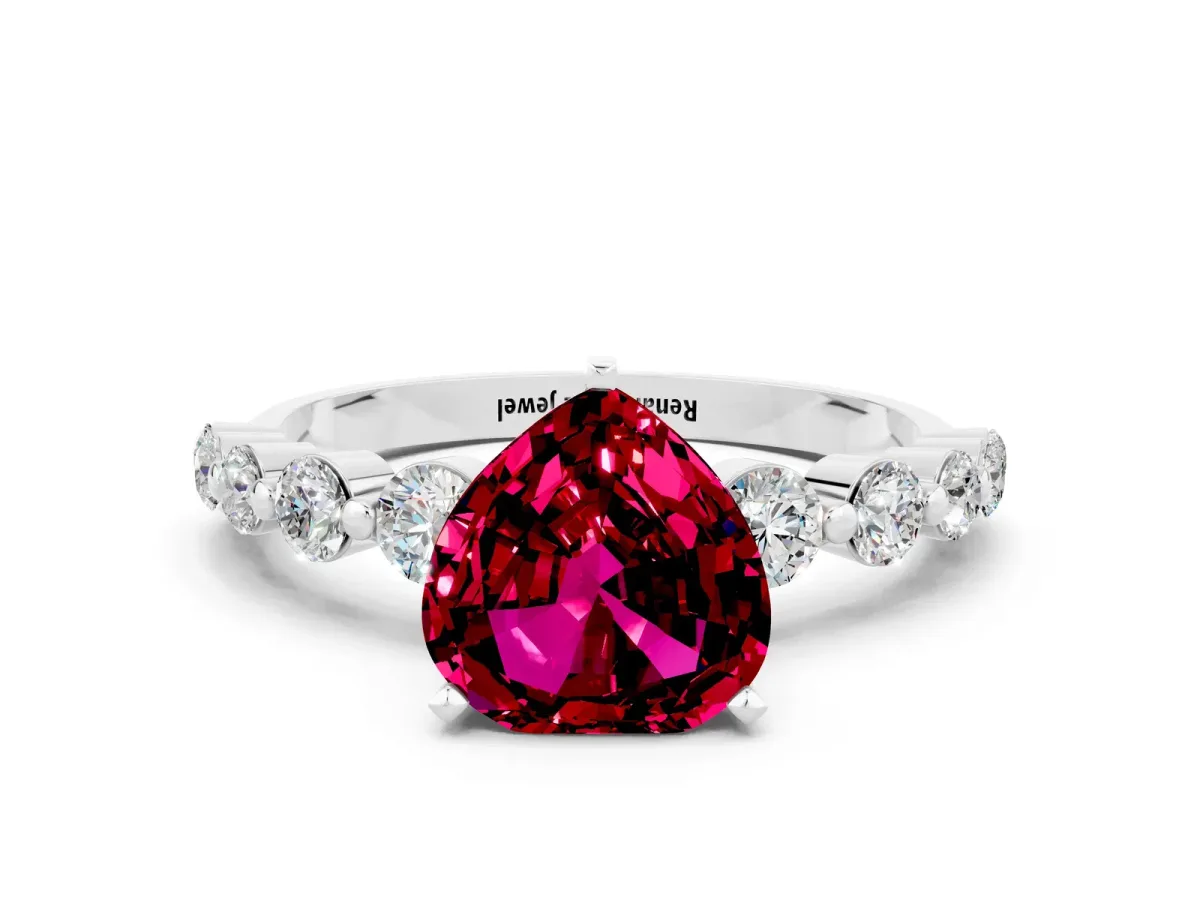Heart Cut Solitaire Garnet Ring with Pave Band and Four-Prong Setting Platinum