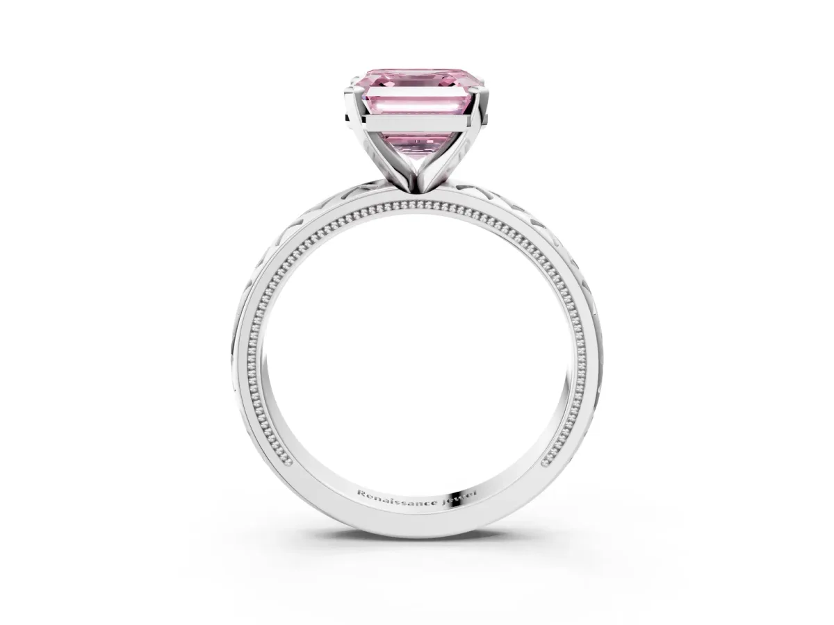 Fancy Pink Asscher Cut Solitaire Diamond Ring with Milgrain and Black Enamel X Pattern Band Platinum