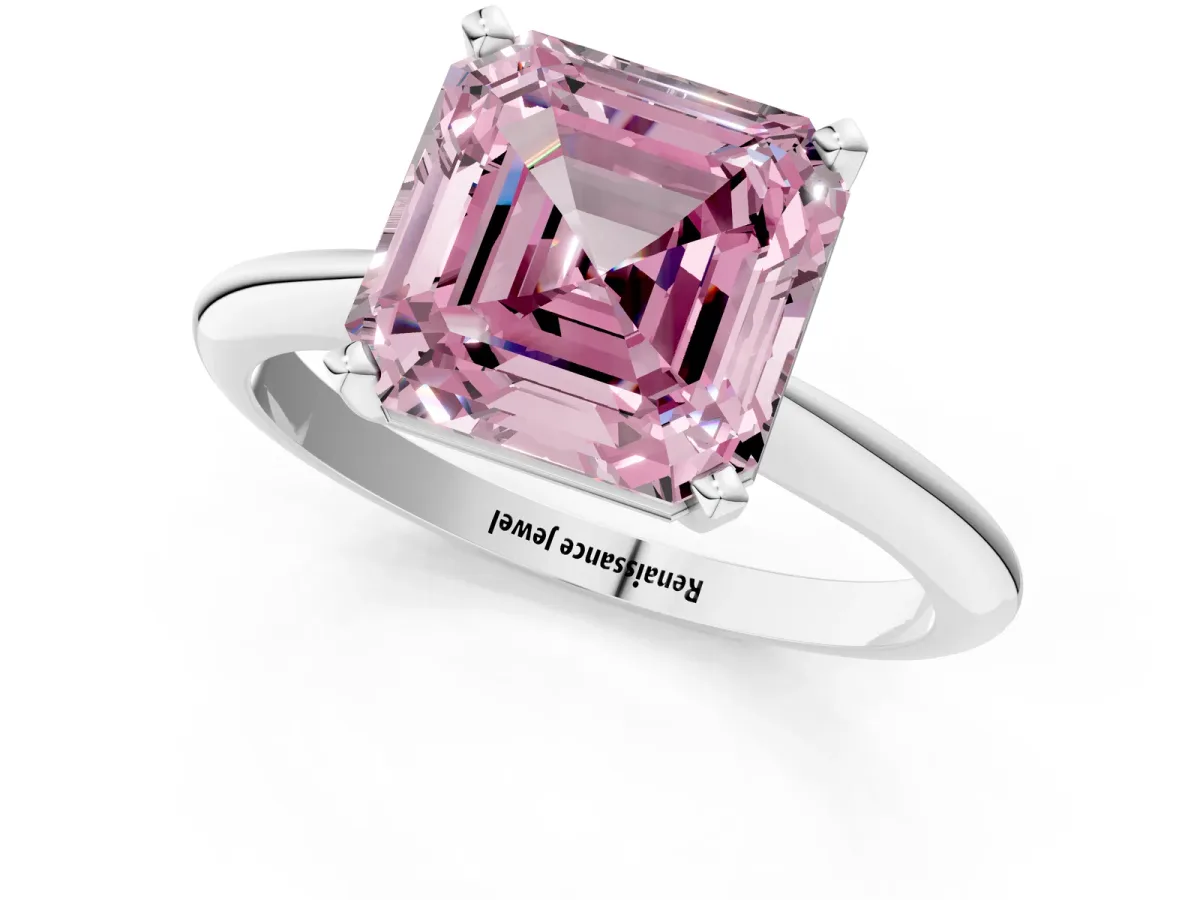 Fancy Pink Asscher Cut Cut Solitaire Ring with Four-Prong Setting on a Classic Band Platinum