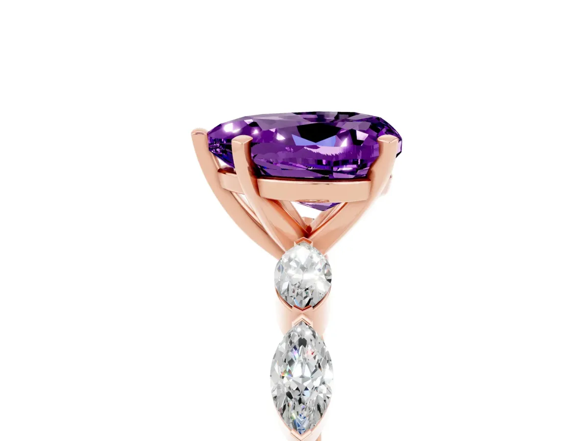 Heart Cut Amethyst Ring with Marquise Side Stones and Prong Setting Rose gold