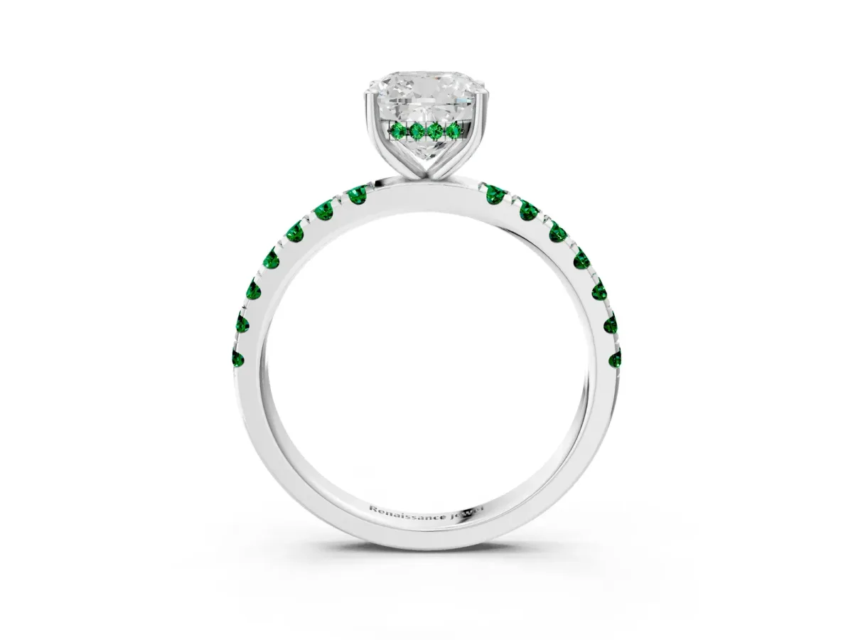 Cushion Cut Diamond Pave Band Solitaire Ring with Round Emerald and Prong Setting Platinum