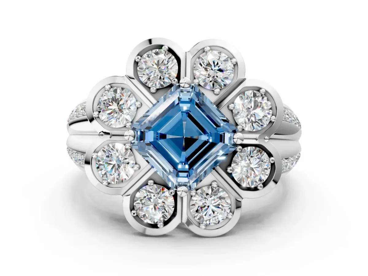 Fancy Blue Asscher Cut Brilliant Flower Halo Diamond Split Shank Ring Platinum