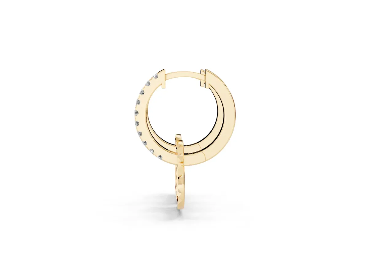 Round Diamond Heart Charm Huggie Hoop Earrings Yellow gold