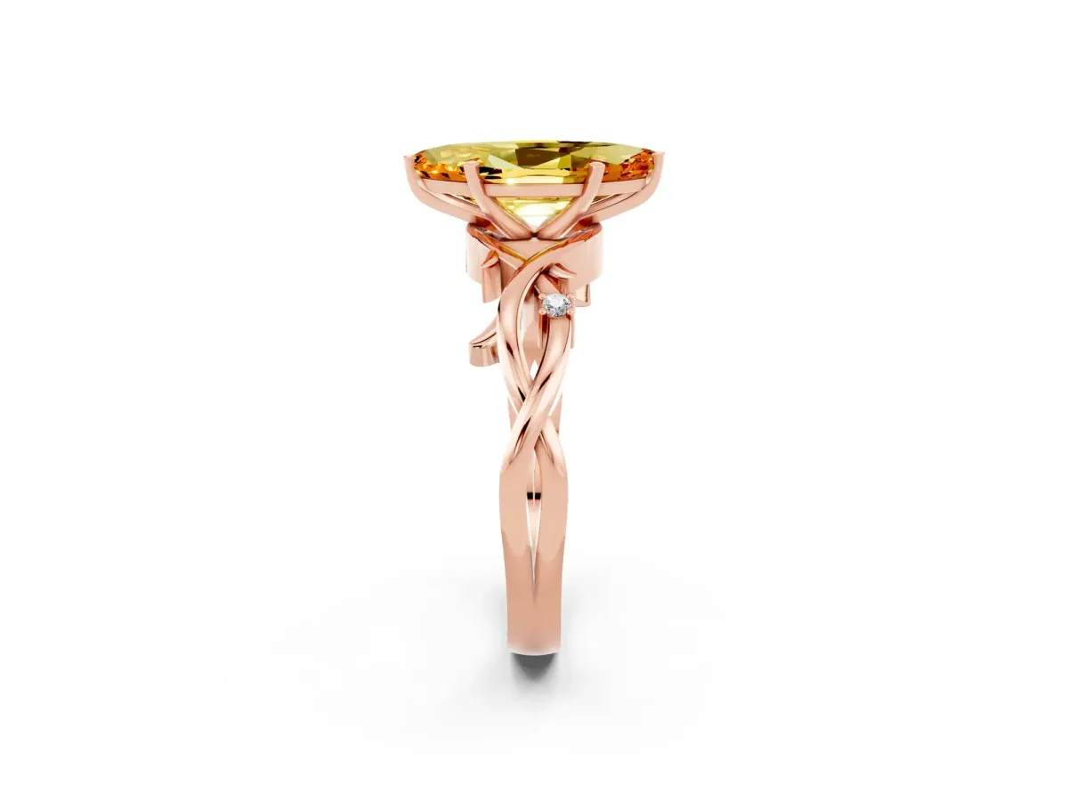 Marquise Cut Citrine Solitaire Ring with Twisted Band and Prong Setting Rose gold