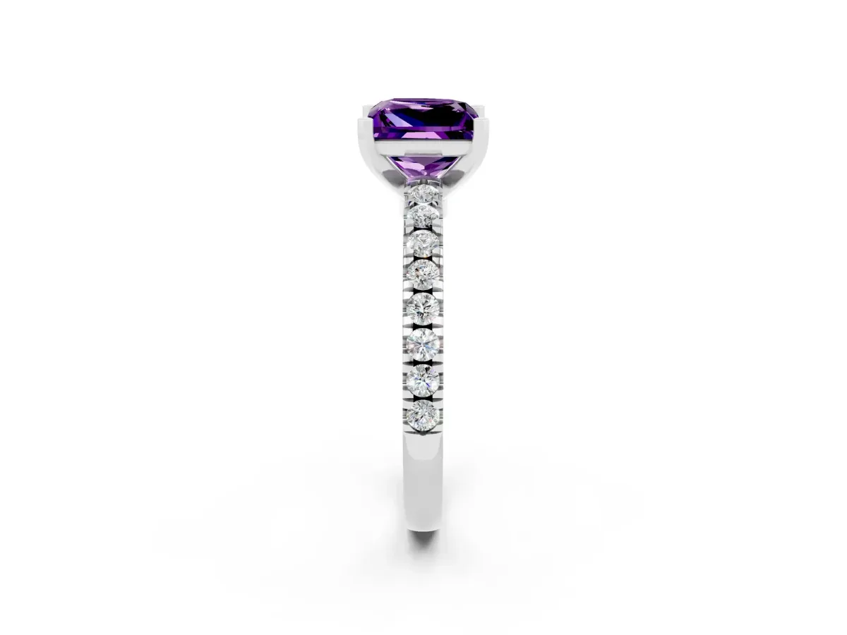 Princess Cut Solitaire Amethyst with Pavé Band and Four-Prong Setting Silver
