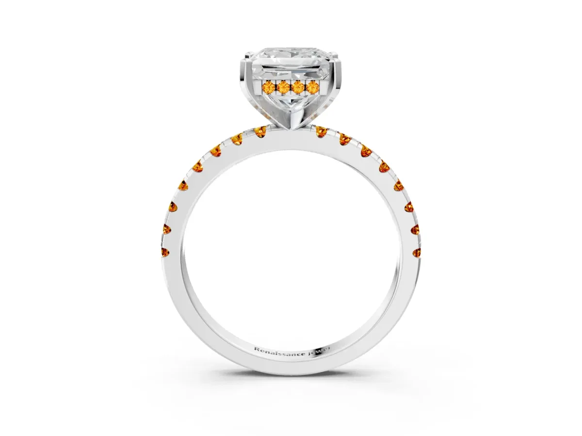 Princess Cut Diamond Solitaire Ring with Round Citrine Pavé Band and Four-Prong Setting Silver