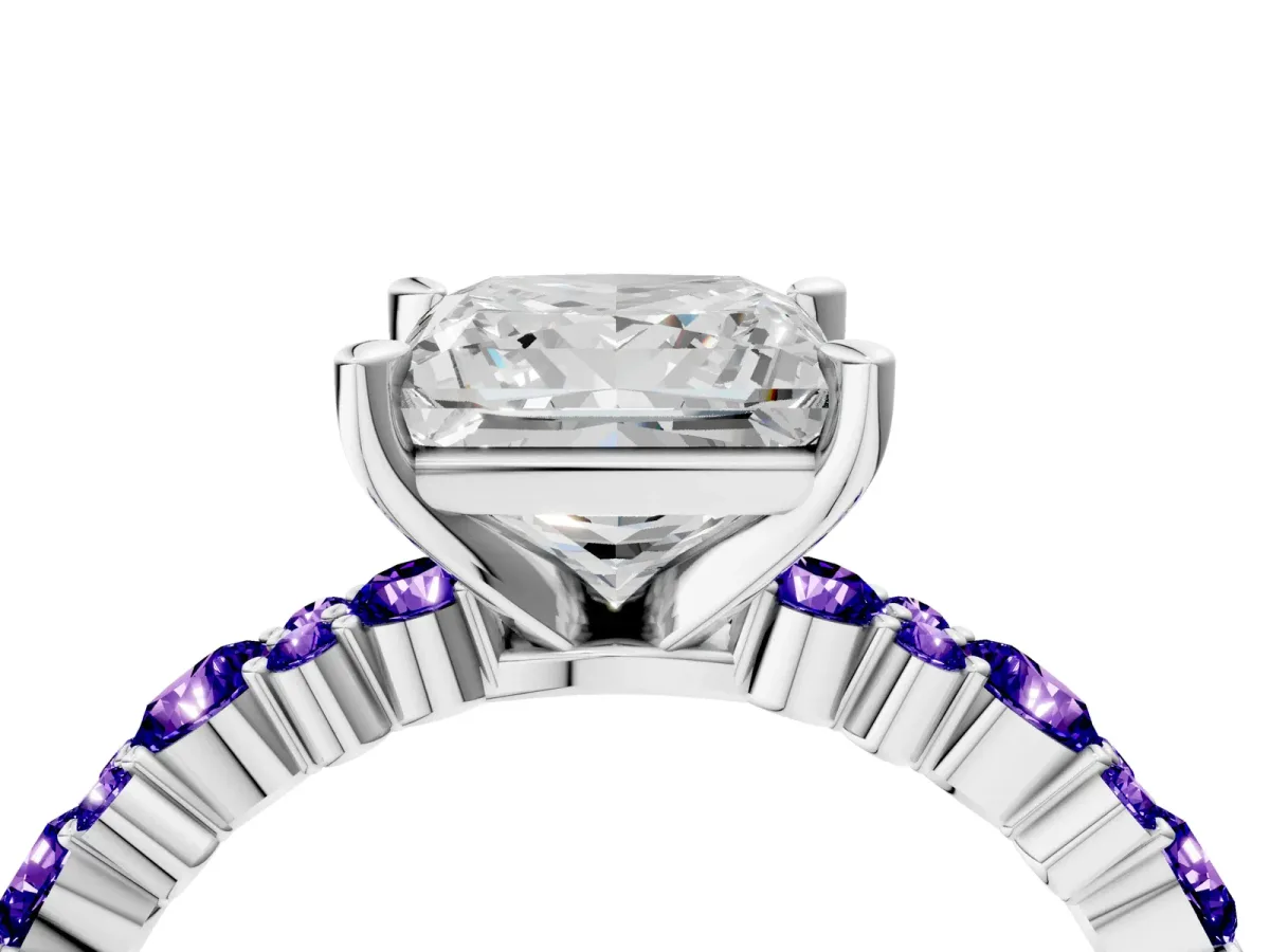 Princess Cut Diamond Side Stone Solitaire Ring with Round Tanzanite and Four-Prong Setting Silver