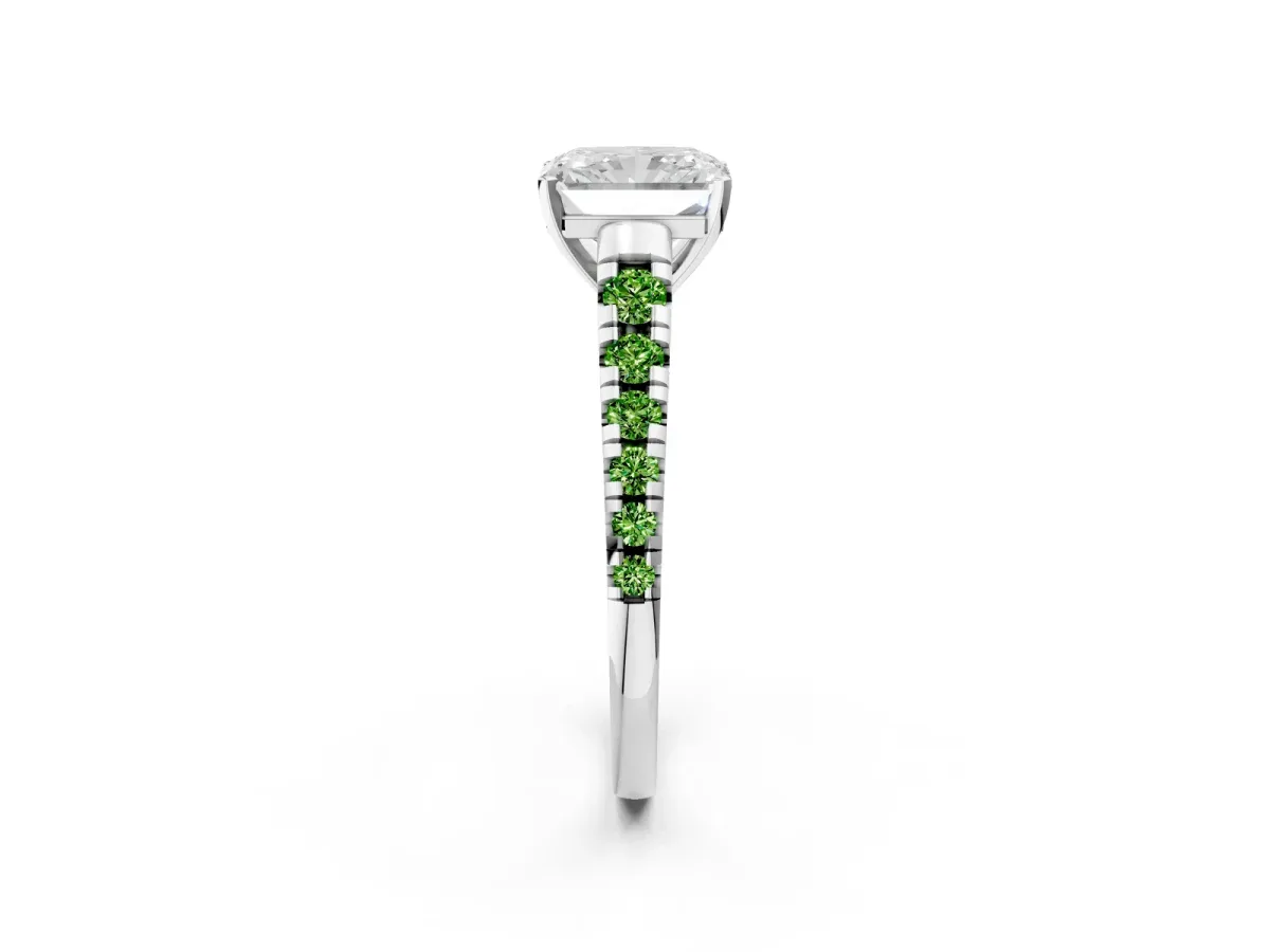 Radiant Cut Diamond Cathedral Solitaire Ring with Round Peridot Pavé Band Silver