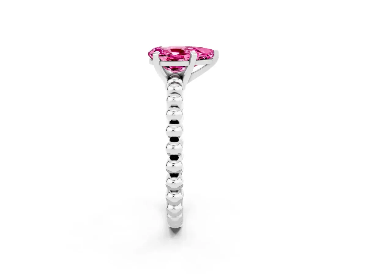 Pear Cut Pink Sapphire Solitaire Ring with Beaded Band and Prong Setting Silver