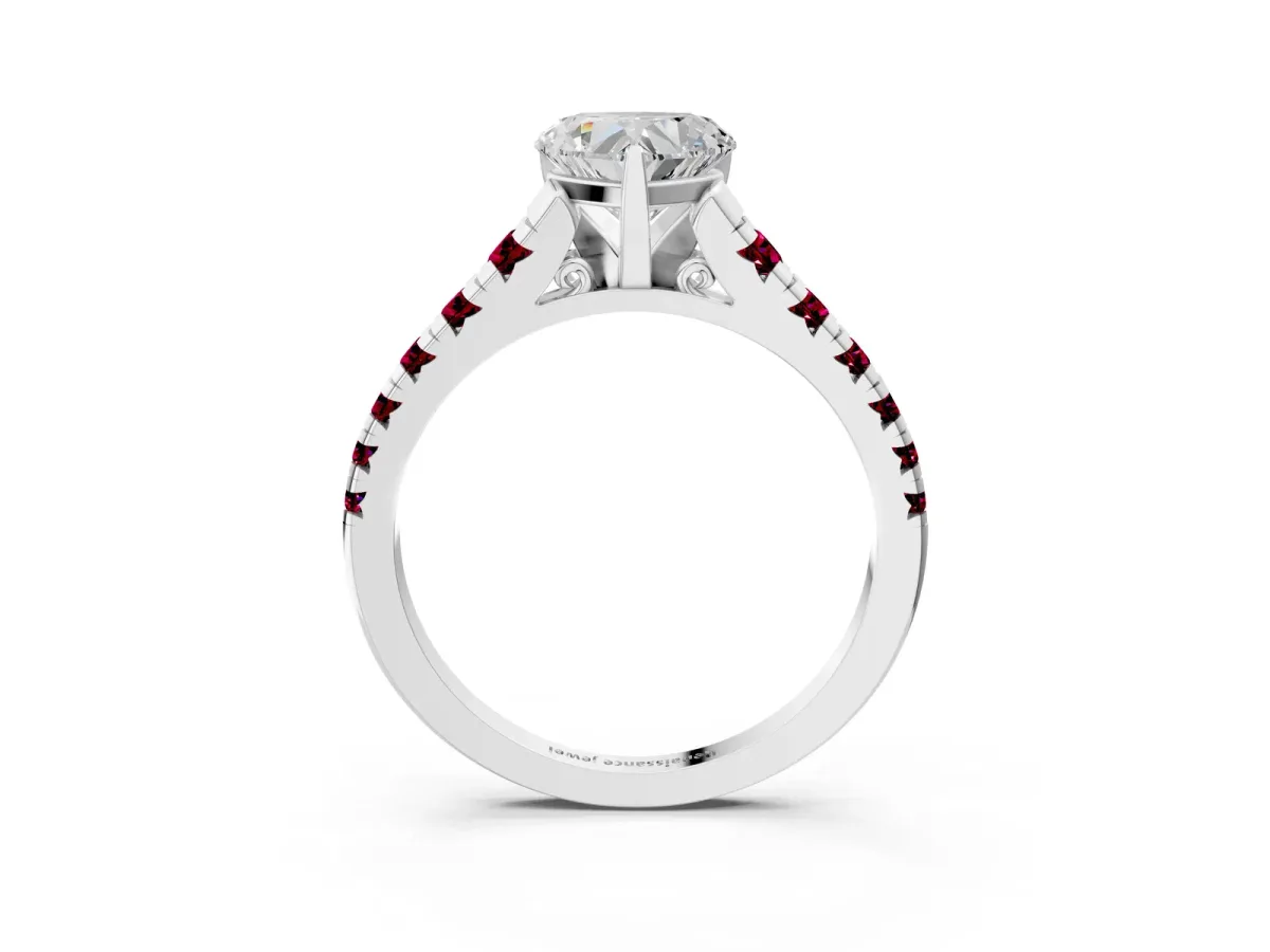 Heart Cut Diamond Cathedral Solitaire Ring with Round Garnet Pavé Band Silver