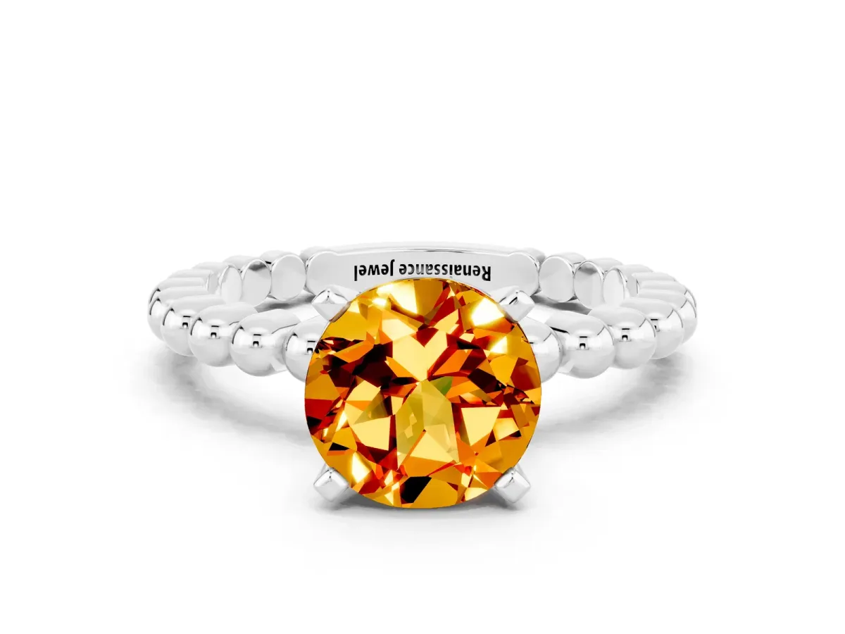 Round Cut Citrine Solitaire Ring with Beaded Band and Prong Setting Platinum