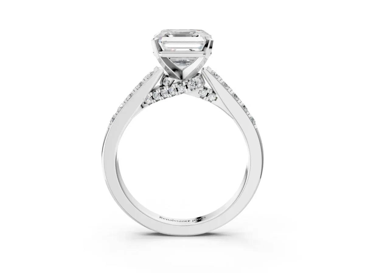 Asscher Cut Diamond Solitaire Ring with Crossover Gallery and Round Pavé Band Silver