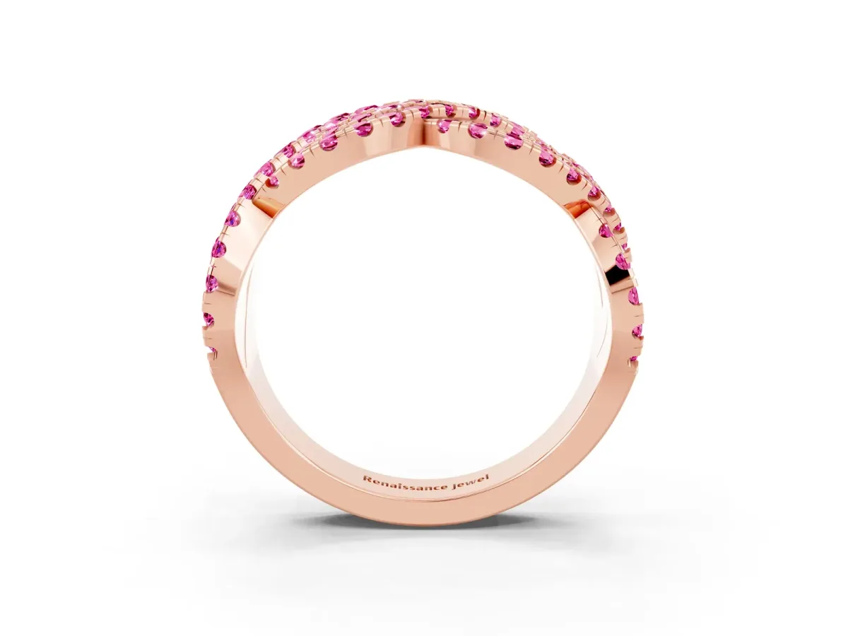 Pavé Round Pink Sapphire Infinity Twist Band with Shared Prong Setting Rose gold