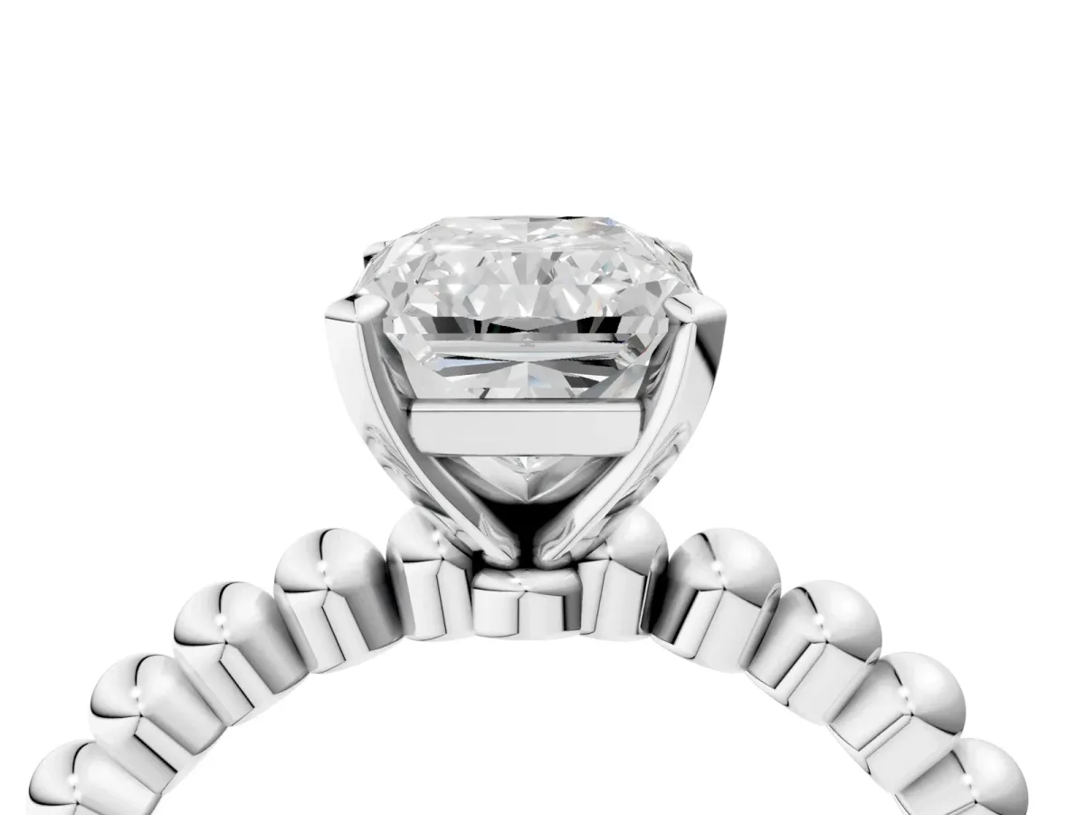 Radiant Cut Diamond Solitaire Ring with Beaded Band and Prong Setting White gold