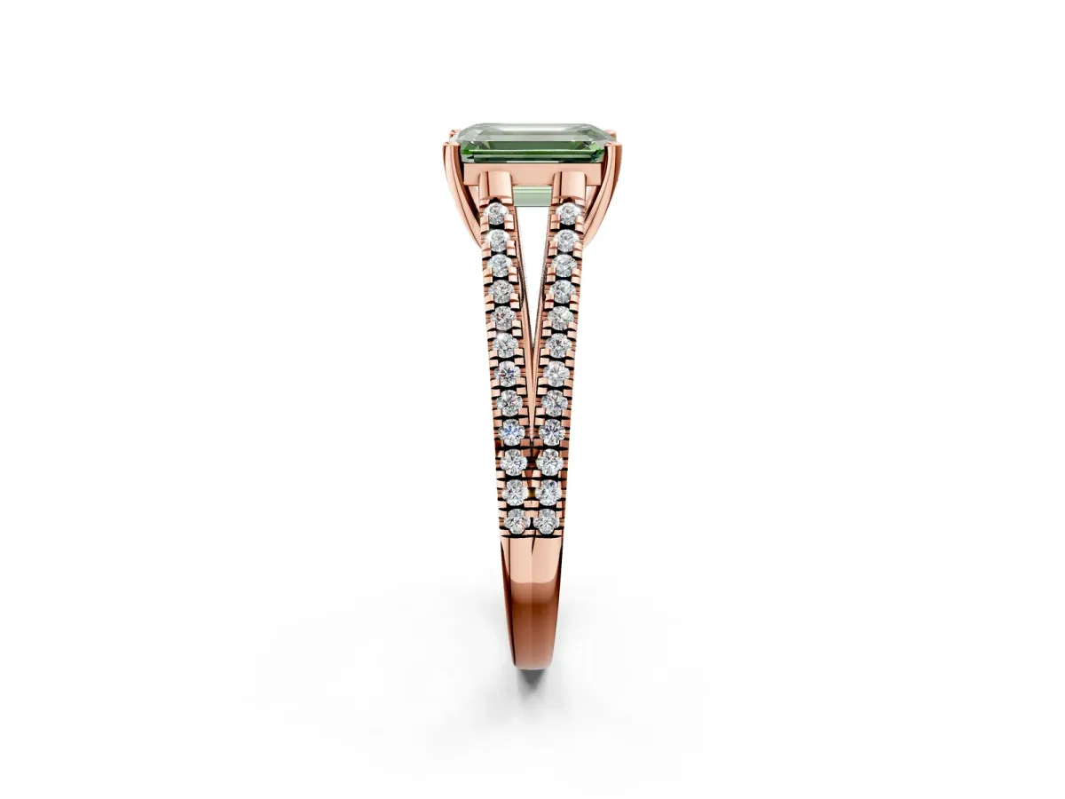 Fancy Green Emerald Cut Diamond Solitaire Engagement Ring with Split Shank Pavé Band Rose gold