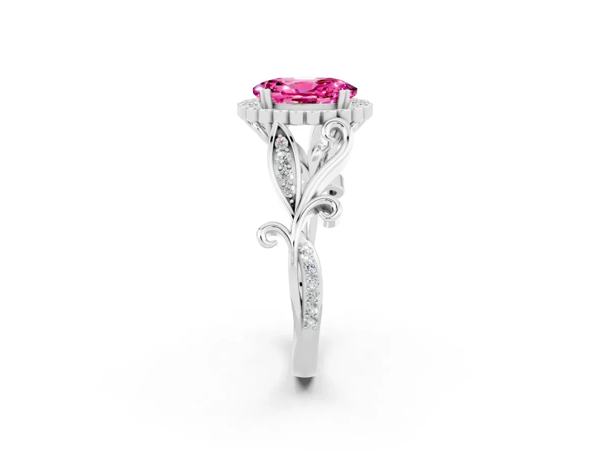 Oval Cut Pink Sapphire Halo Ring with Vintage Split Shank and Four-Prong Setting Silver
