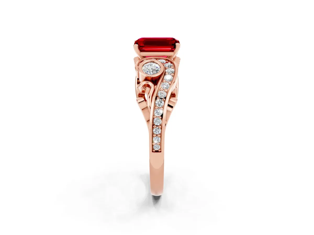 Emerald Cut Ruby Solitaire Ring with Milgrain Pavé Band and Four-Prong Setting Rose gold