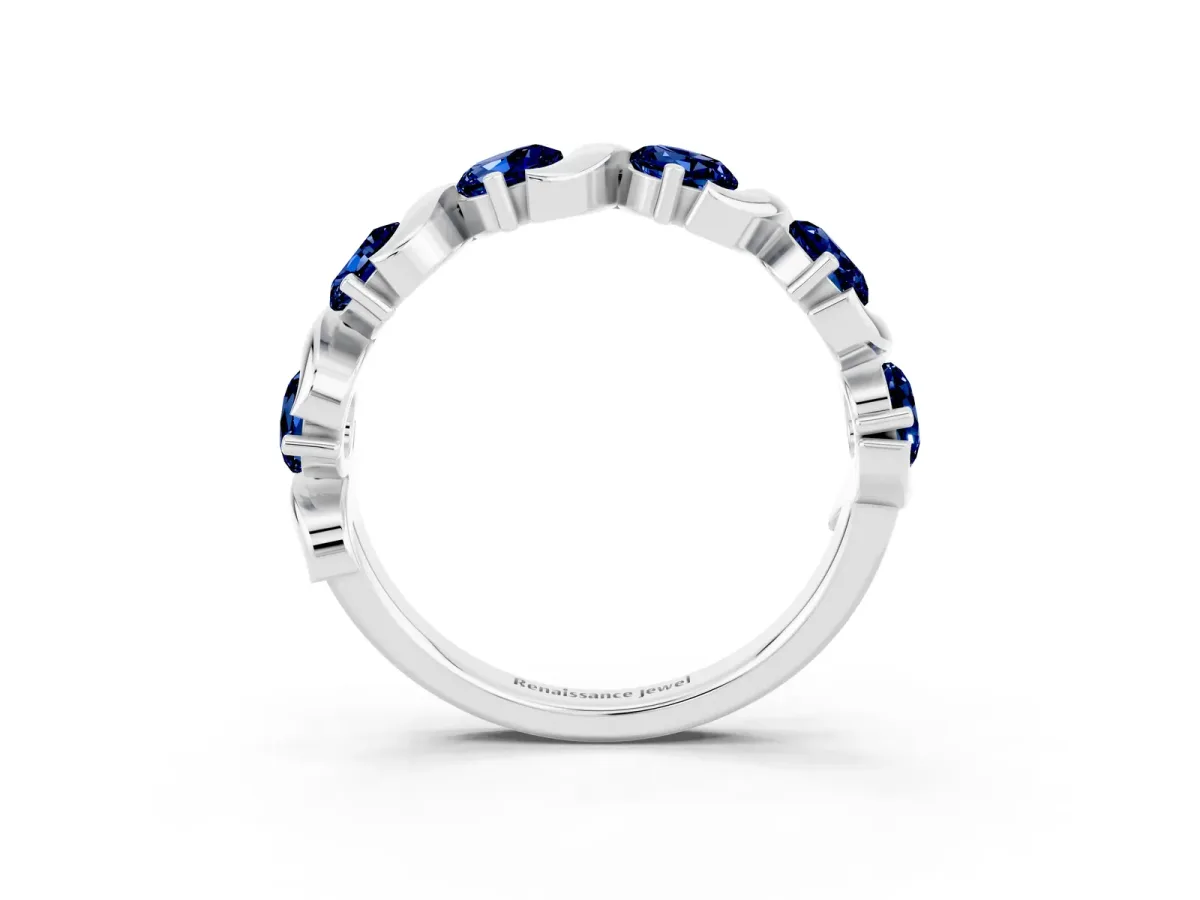 Six-Stone Round Blue Sapphire Wave Band with Shared Prong Setting White gold
