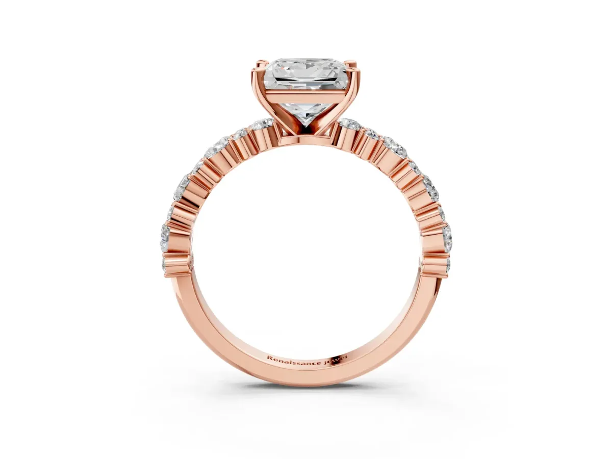 Princess Cut Diamond Side Stone Solitaire Ring with Round and Four-Prong Setting Rose gold