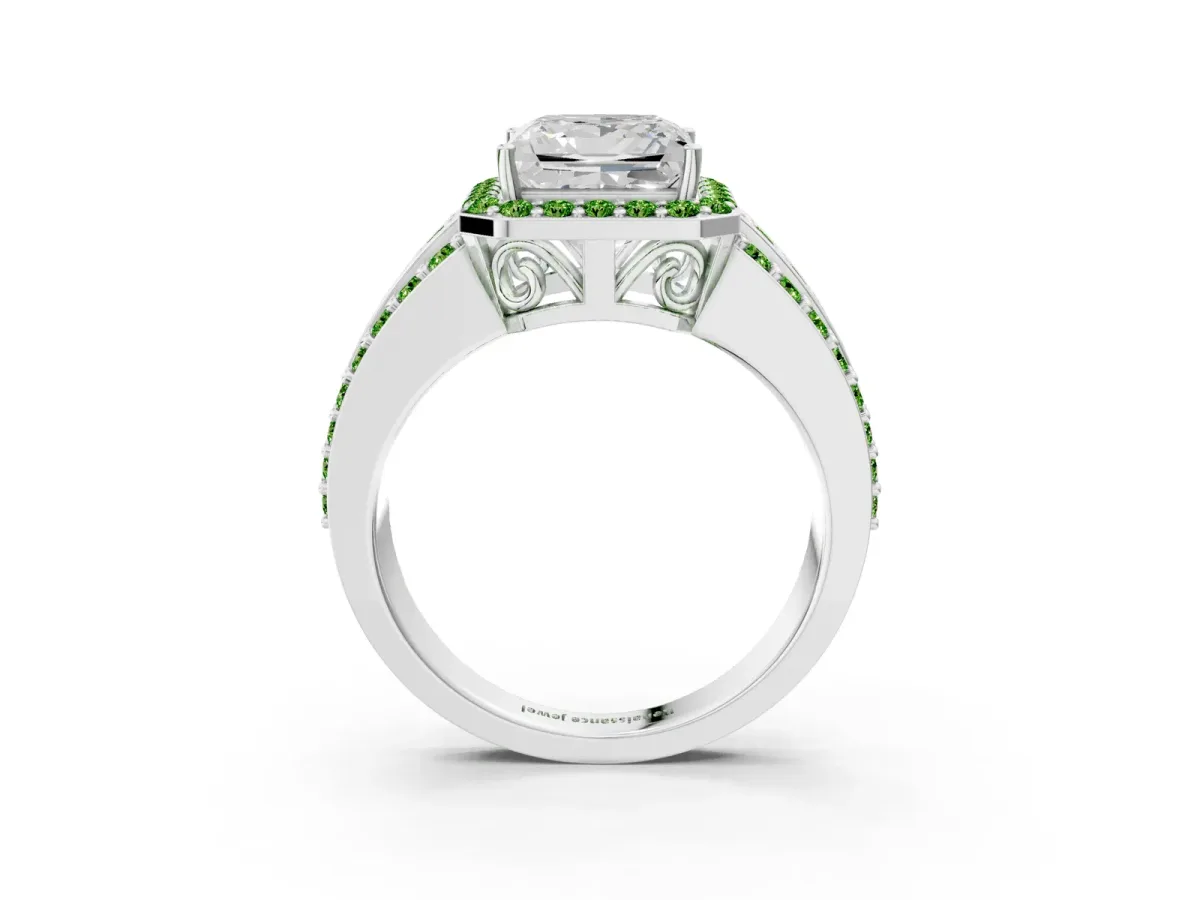 Princess Cut Halo Diamond Ring with Round Peridot Split Shank and Prong Setting Platinum