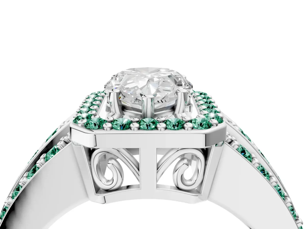 Pear Cut Halo Diamond Ring with Round Green Sapphire Split Shank and Prong Setting Silver