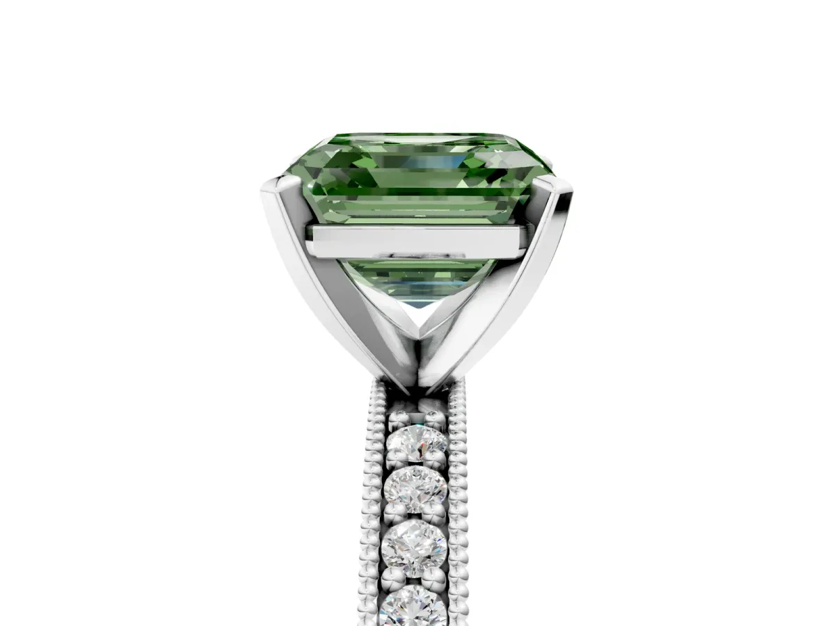 Fancy Green Asscher Cut Diamond Milgrain Pavé Engagement Ring with Four-Prong Setting Platinum