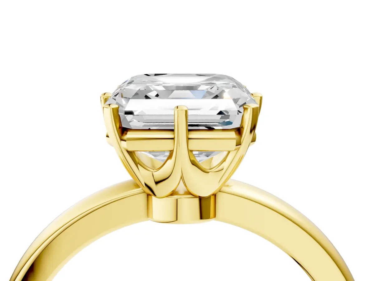 Asscher Cut Solitaire Diamond Ring with Six-Prong Setting on a Classic Band Yellow gold