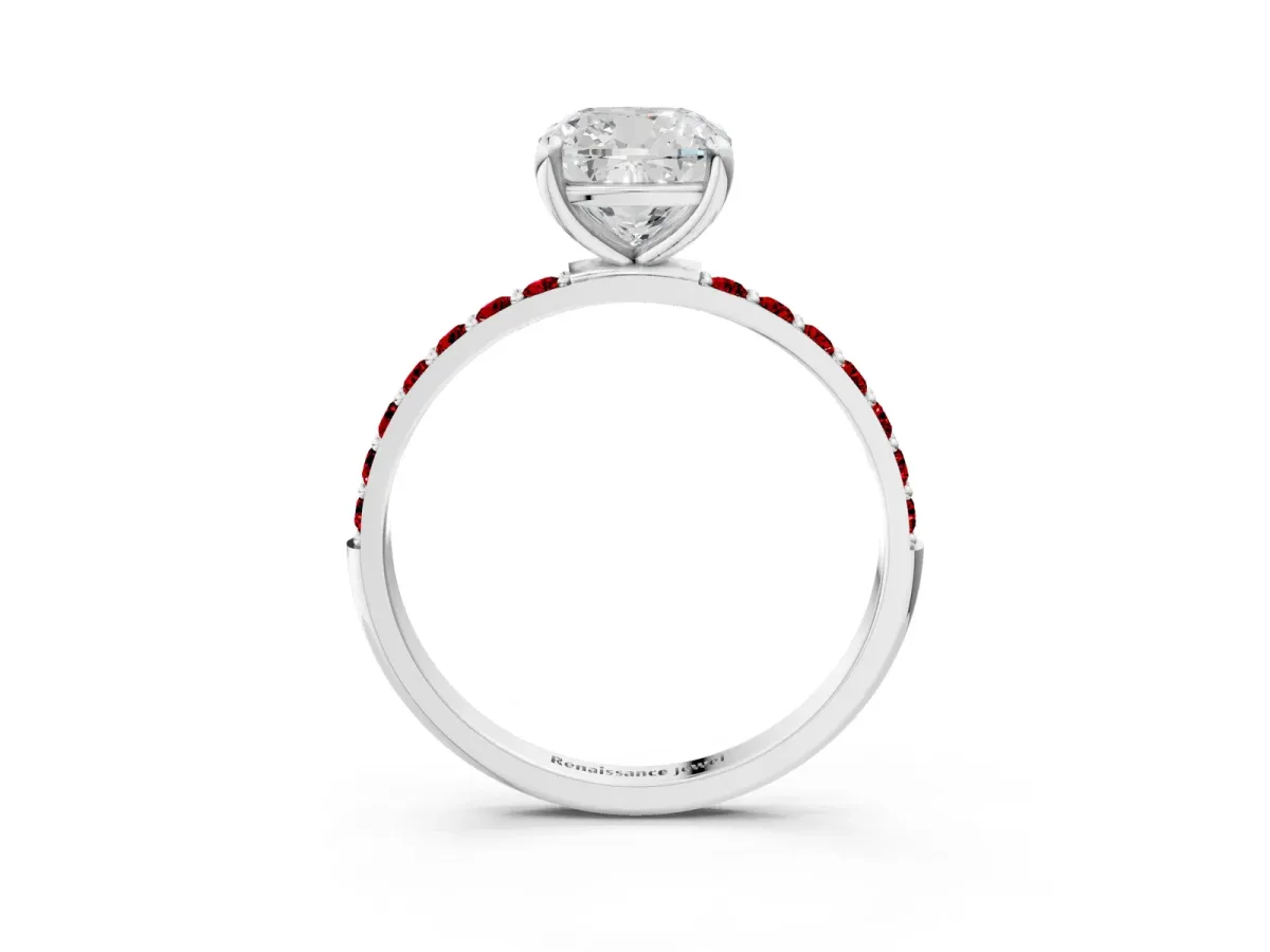 Cushion Cut Diamond Solitaire Ring with Round Ruby Pavé Band and Prong Setting White gold