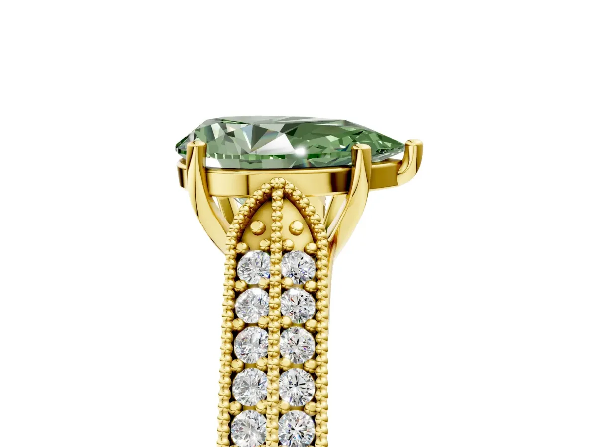 Fancy Green Pear Cut Cut Pave Split Shank Engagement Ring with Four-Prong Setting Yellow gold