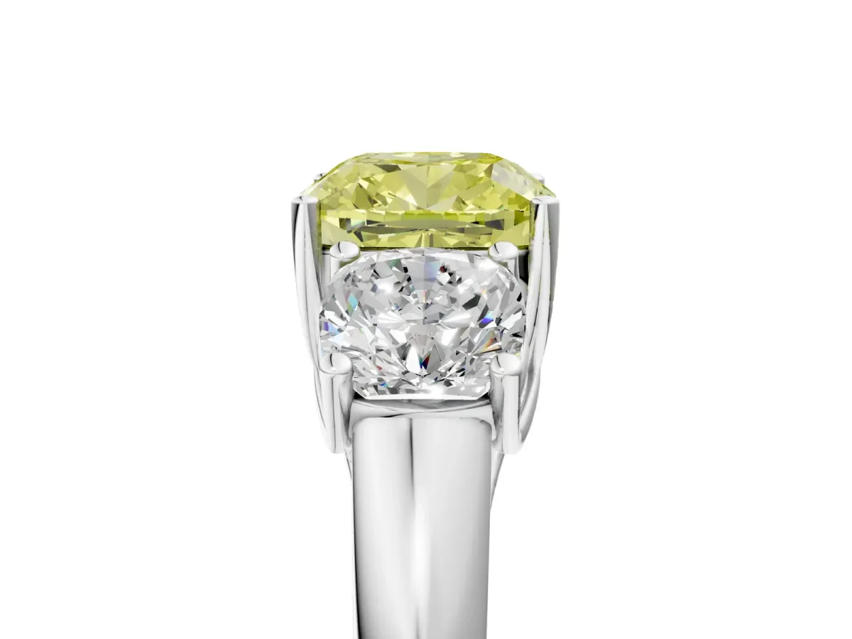 Fancy Yellow Three-Stone Cushion Cut Diamond Engagement Ring with Prong Setting White gold