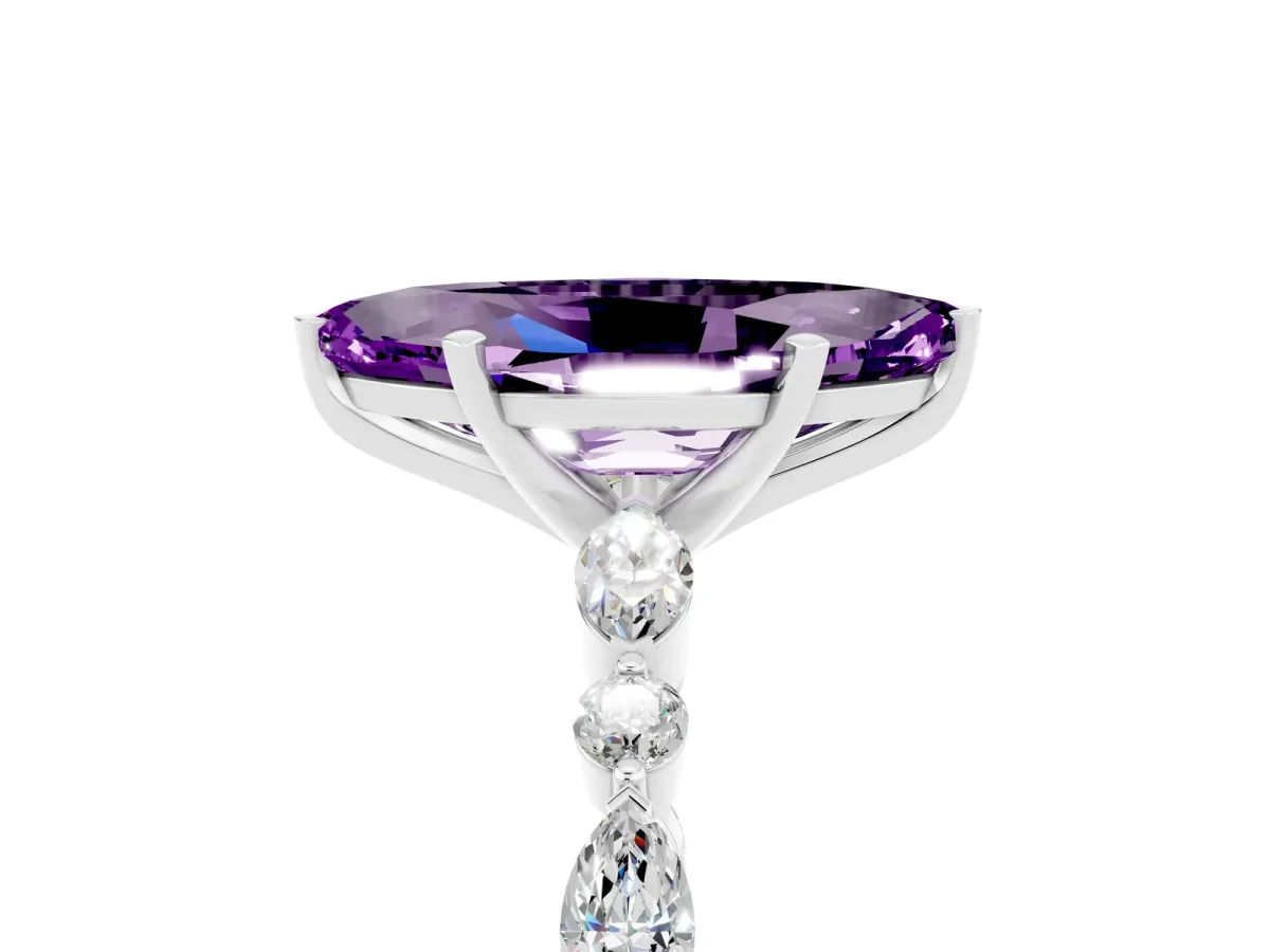 Marquise Cut Amethyst Ring with Marquise and Round Side Stones and Four-Prong Setting Silver