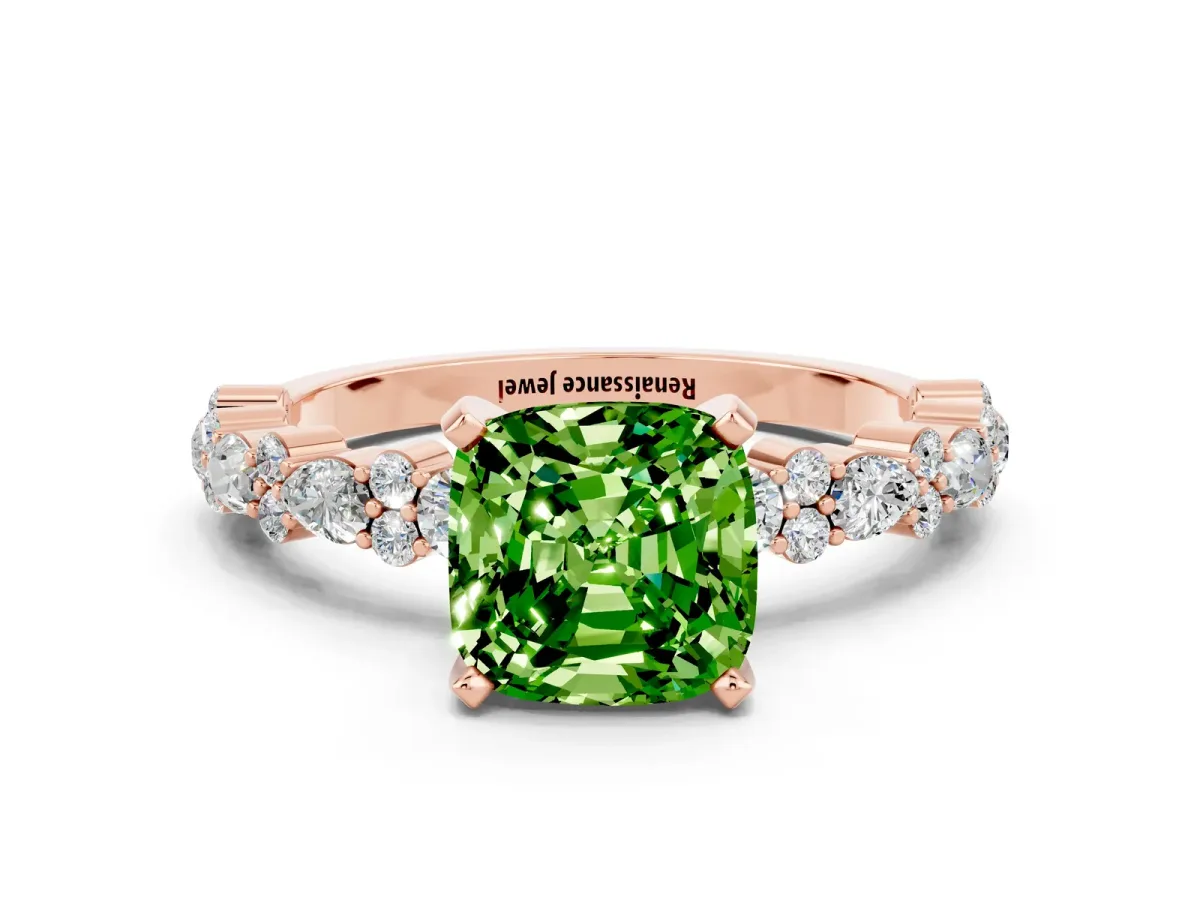 Cushion Cut Peridot Side Stone Solitaire Ring with Round and Four-Prong Setting Rose gold