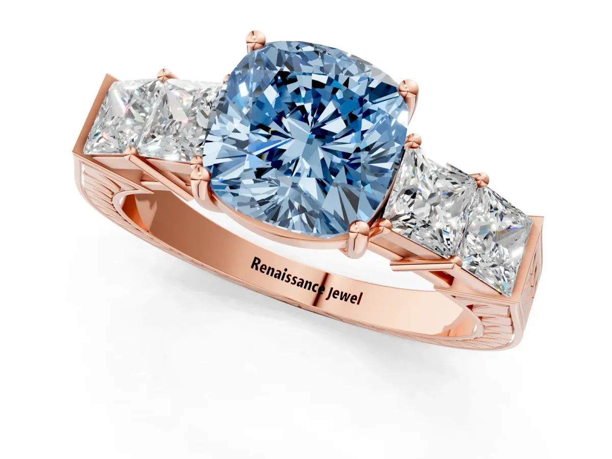Fancy Blue Cushion Cut Solitaire Princess Side Stone Engraved Band Prong Setting Ring Rose gold
