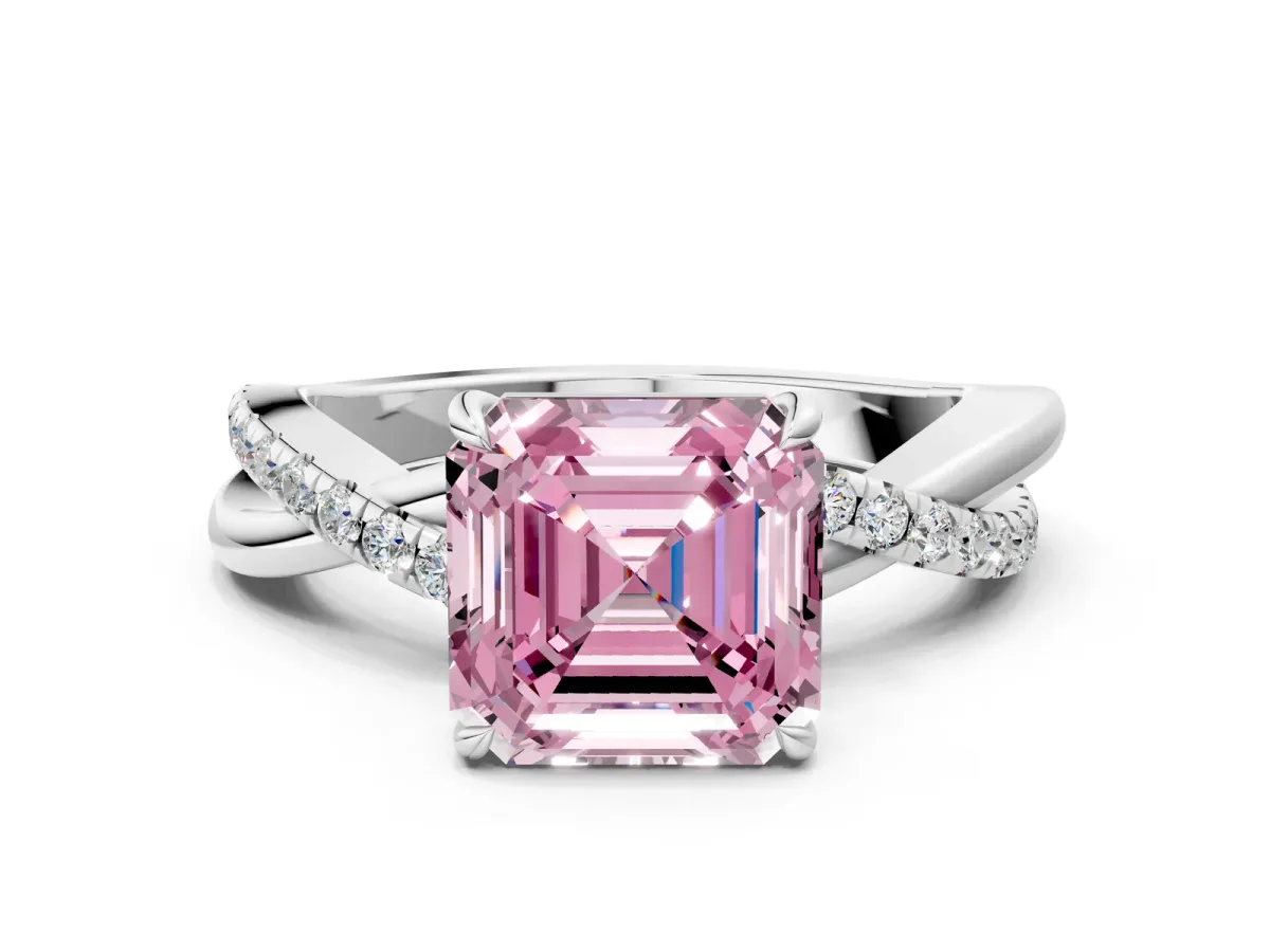 Fancy Pink Asscher Cut Cut Diamond Twisted Band with Pavé Setting and Four-Prong Setting Platinum