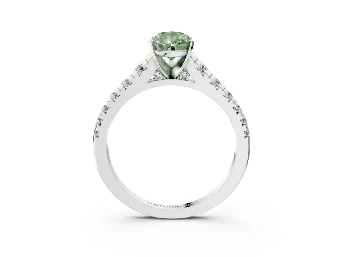 Fancy Green Pear Cut Diamond Cathedral Solitaire Ring with Round Pavé Band Silver
