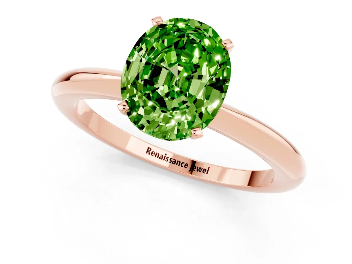 Oval Cut Peridot Solitaire Ring with Six-Prong Setting and Classic Band Rose gold